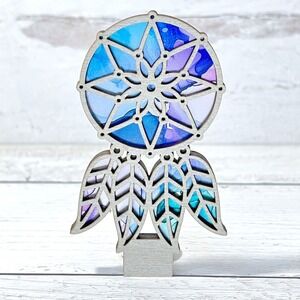 Dreamcatcher Wood Alcohol Ink LED Night Light Boho Wall Plug-In Blue Purple Teal